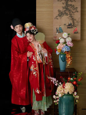 Red Song Dynasty Hanfu Chinese embroidery wedding clothes, happy marriage couple suit - Yandan_Hanfu
