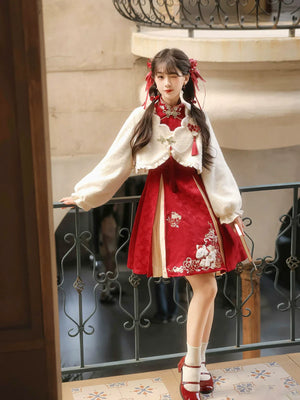 “Lucky Pony” – Red New-Year Hanfu Qipao Set | Modern Chinese Festive Outfit (Autumn/Winter) - Yandan_Hanfu