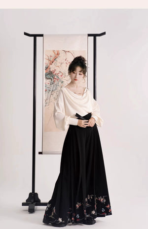 Whispers of Bloom – Floral Crane Set with Horse-Face Pants | Han-Inspired Spring-Autumn Wear - Yandan_Hanfu