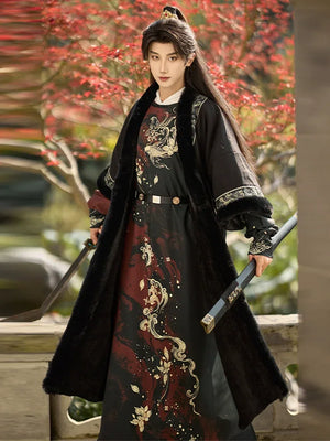 Golden Fish Over the Desert – Tang-Inspired Round Collar Hanfu Coat with Plush Fur Trim (Unisex Winter Set) - Yandan_Hanfu