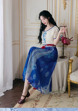 Moonlit Blossoms – Tang Dynasty Inspired Summer Hanfu with Embroidered Round Collar Top & Flowing Skirt - Yandan_Hanfu