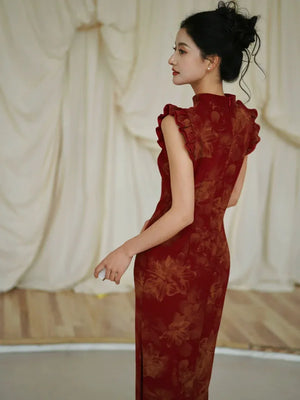 Lotus Step – Red Mermaid Qipao for Wedding, Engagement & Tea Ceremony - Yandan_Hanfu