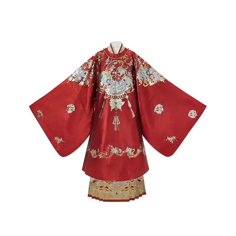 Cloud Hidden Moon Embroidery-Gilt Ming-Dynasty Flower Crew Neck Robe Wedding Clothing Hanfu Women's Spring - Yandan_Hanfu