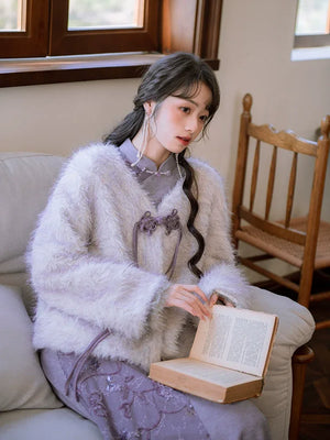 ''Falling Grace" Lace Qipao Cheongsam Dress & Faux Fur Jacket – Winter Collection - Yandan_Hanfu