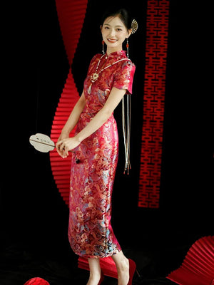 Yue Xi – Red Embroidered Jacquard Qipao for Wedding, Engagement & Tea Ceremony - Yandan_Hanfu
