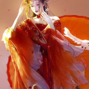 Jinghong red gradient dance hanfu set with embroidered gauze outer top and skirt