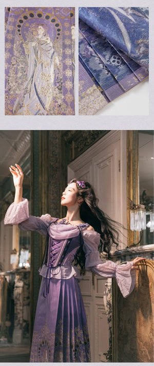 “Violet Nocturne” Brocade Hanfu Ensemble – Gold-Woven Mamian Skirt & Corset - Yandan_Hanfu