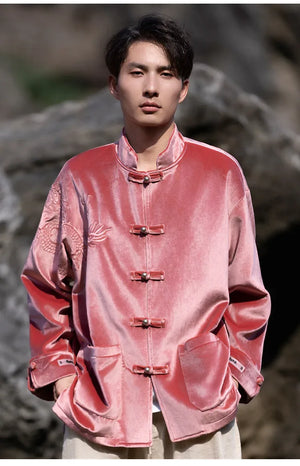 New Chinese Tang style men's button top autumn and winter coat golden velvet - Yandan_Hanfu