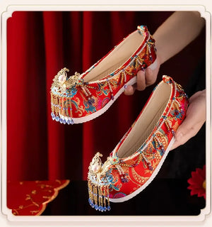 Sankeng Xiuhe Wedding Shoes Women's Customized Tassel Luxury Chinese Wedding Hanfu Shoes Wedding Flat Bow Shoes - Yandan_Hanfu