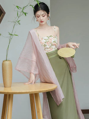 Garden Letter Romantic Daily Changgan Temple Hanfu Three piece Set - Yandan_Hanfu