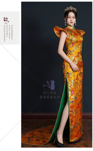 Runway Elegance – Luxury New Chinese Style Mermaid Train Gold Qipao Evening Gown - Yandan_Hanfu