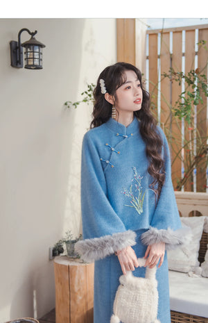 Blue Orchid Modern Qipao Tow piece Set – Winter Chinese Style Outfit - Yandan_Hanfu