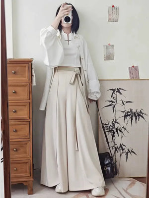 Tied Harmony – Unisex Wide-Leg Pants | New Chinese Style High-Waist Pleated Trousers with Belted Design - Yandan_Hanfu