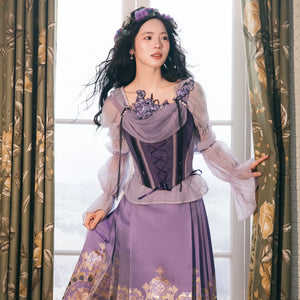 “Violet Nocturne” Brocade Hanfu Ensemble – Gold-Woven Mamian Skirt & Corset - Yandan_Hanfu