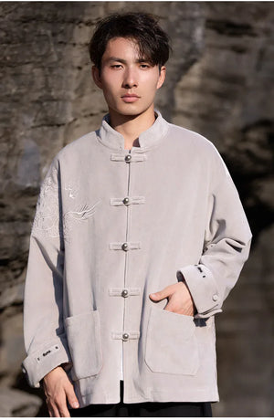 New Chinese Tang style men's button top autumn and winter coat golden velvet - Yandan_Hanfu