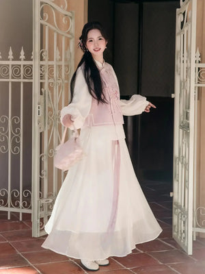 Silken Grace – Modern Hanfu Jacquard Dress Set | Stand-Collar Two-Piece Hanfu-Inspired Outfit with Midi Skirt - Yandan_Hanfu