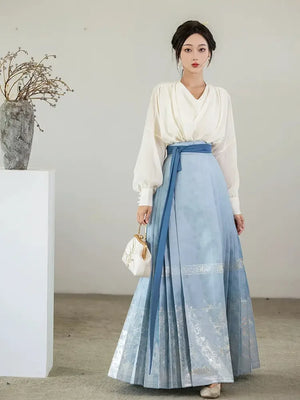 Blue collar shirt versatile beige top, lantern sleeve retro horse skirt - Yandan_Hanfu