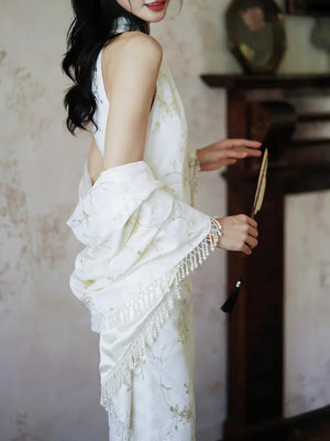 "Qianzhi" white embroidered shawl showing thin backless cheongsam bride wedding dress toast engagement - Yandan_Hanfu