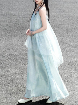 The legend of the blue sea Suspender skirt Fresh seaside holiday dress Long dress Versatile and thin - Yandan_Hanfu