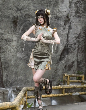 Spring Dragon Festival, Embroidered Short Cheongsam Dress Halloween - Yandan_Hanfu