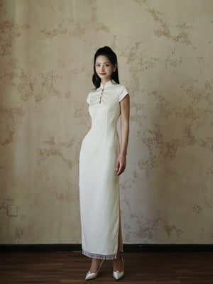"Xi Zhu" White Dark Pattern Tassel Shawl Cheongsam Bride Wedding Dress Engagement - Yandan_Hanfu