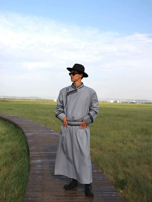 Premium Traditional Mongolian Robe for Men — Hand-Fastened, Solid Twill Design - Yandan_Hanfu