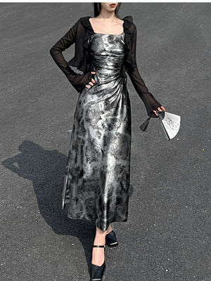 Glossy gray and silver new Chinese atmosphere Spice girl suspender dress Hot silver temperament long dress women - Yandan_Hanfu