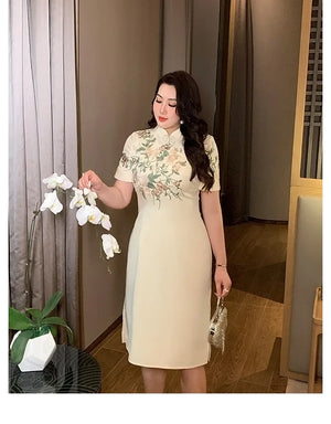 New Chinese style champagne embroidered plus size long cheongsam/qipao skirt - Yandan_Hanfu