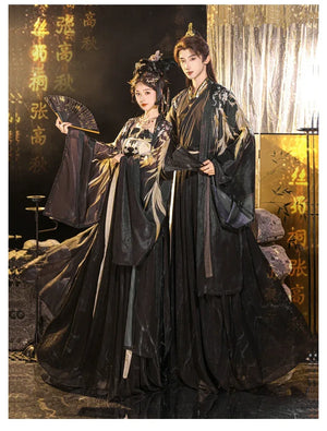 Black&Gold Tang-Style Hanfu Couple Set – Traditional Chinese Outfit with Wide-Sleeve Robe & Printed Hezi Skirt - Yandan_Hanfu