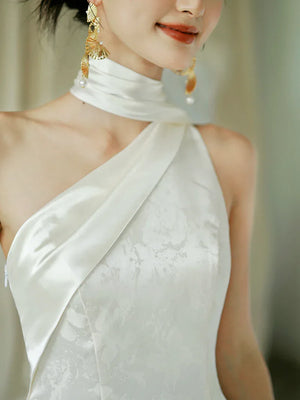 "Pianrou" White Jacquard Ribbon Morning Gown Knot Bridal Toast Dress Engagement Banquet Bar Mitzvah - Yandan_Hanfu