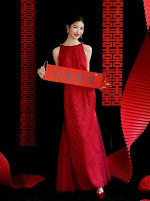 "Happy hairpin" red yarn original improved cheongsam bridal wedding dress toasting dress engagement - Yandan_Hanfu