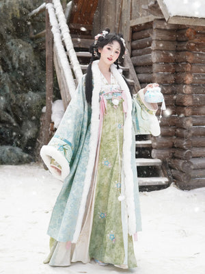 Verdant Atelier – Winter Tang-Style Hanfu Set with Cloak, Cross-Collar Top & Qi-Chest Skirt - Yandan_Hanfu