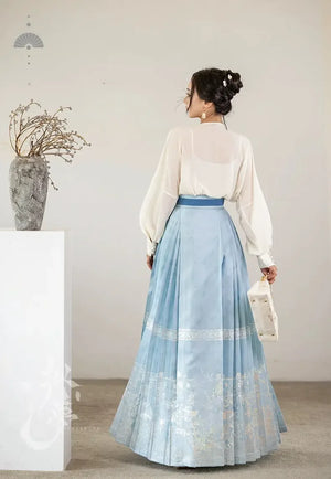 Blue collar shirt versatile beige top, lantern sleeve retro horse skirt - Yandan_Hanfu