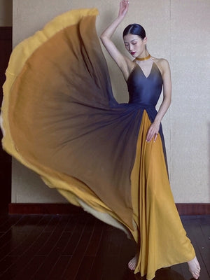 Forbidden Spring luxury Chinese-style performance set: elegant halter dance skirt with blue-yellow gradient, flowing chiffon in dance pose