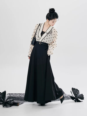 Cream polka dot airplane sleeve top with black modern hanfu skirt