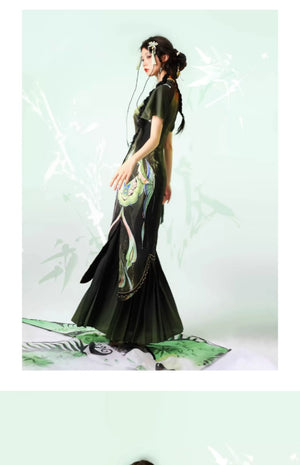 Verdant Sky Qipao – Black-Green Ombre Satin Cheongsam with Artistic Floral Print - Yandan_Hanfu