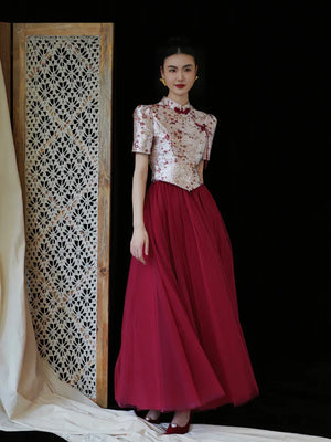 "Mei Xue Gauze Dress Set" Bridal Red Engagement Dress Cheongsam Xiuhe Dress - Yandan_Hanfu