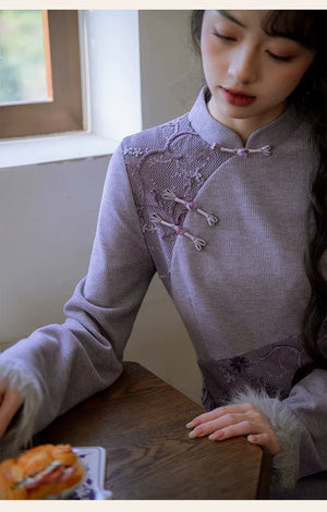 ''Falling Grace" Lace Qipao Cheongsam Dress & Faux Fur Jacket – Winter Collection - Yandan_Hanfu