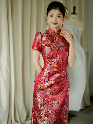 Yue Xi – Red Embroidered Jacquard Qipao for Wedding, Engagement & Tea Ceremony - Yandan_Hanfu