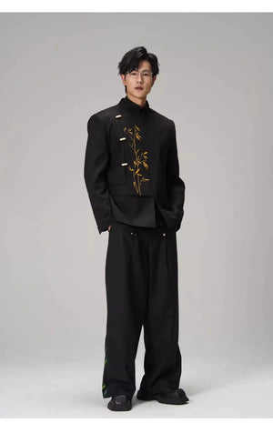 Golden Bamboo Embroidered Mandarin Blazer – Black New Chinese Unisex Jacket - Yandan_Hanfu