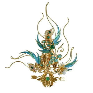 Song of the Peacock Plume – Gold-Plated Hanfu Headdress Set with Tassels & Crown Ornament - Yandan_Hanfu