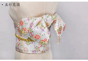 Yukata bow belt featuring a gorgeous brocade design with floral patterns. This kimono waist seal enhances traditional outfits with elegance.