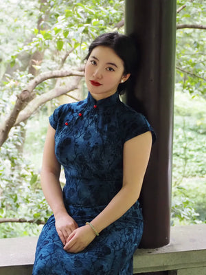 Plus Size Navy Blue Qipao Dress – New Chinese Style Short-Sleeve Cheongsam for Daily Wear, Flattering & Elegant - Yandan_Hanfu