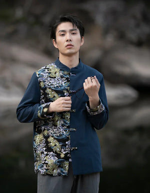 New Chinese style disc button top contrasting coat printing Tang suit men - Yandan_Hanfu