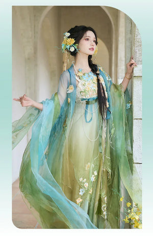 Blue & Green Hanfu Women's Large Sleeve Shirt Embroidery Spring and Summer - Yandan_Hanfu