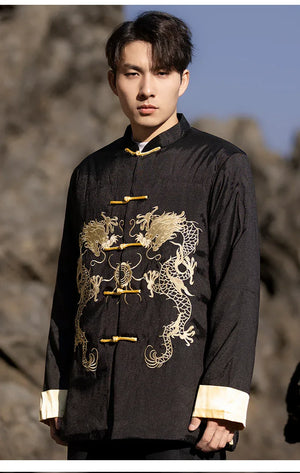 Chinese style dragon pattern embroidery retro Tang suit men's buckle winter cotton-padded jacket - Yandan_Hanfu