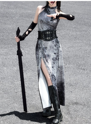 蛇魅 · Wasteland Gray Cheongsam – Split Hem, Off-Shoulder, New Chinese Style - Yandan_Hanfu