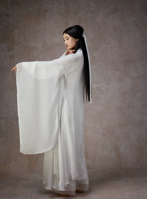 Graceful White Wide-Sleeve Chiffon Hanfu – Classical & Jazz Fusion Dance Dress - Yandan_Hanfu