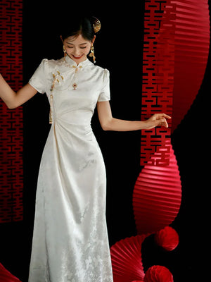 "Kite Butterfly" White Jacquard Cheongsam Bridal Toast Dress Engagement Dress - Yandan_Hanfu