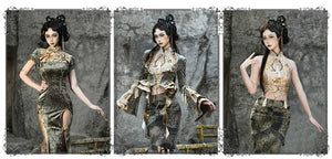 Spring Dragon Festival, Chinese national style disc buckle slim fish tail long slit cheongsam dress - Yandan_Hanfu